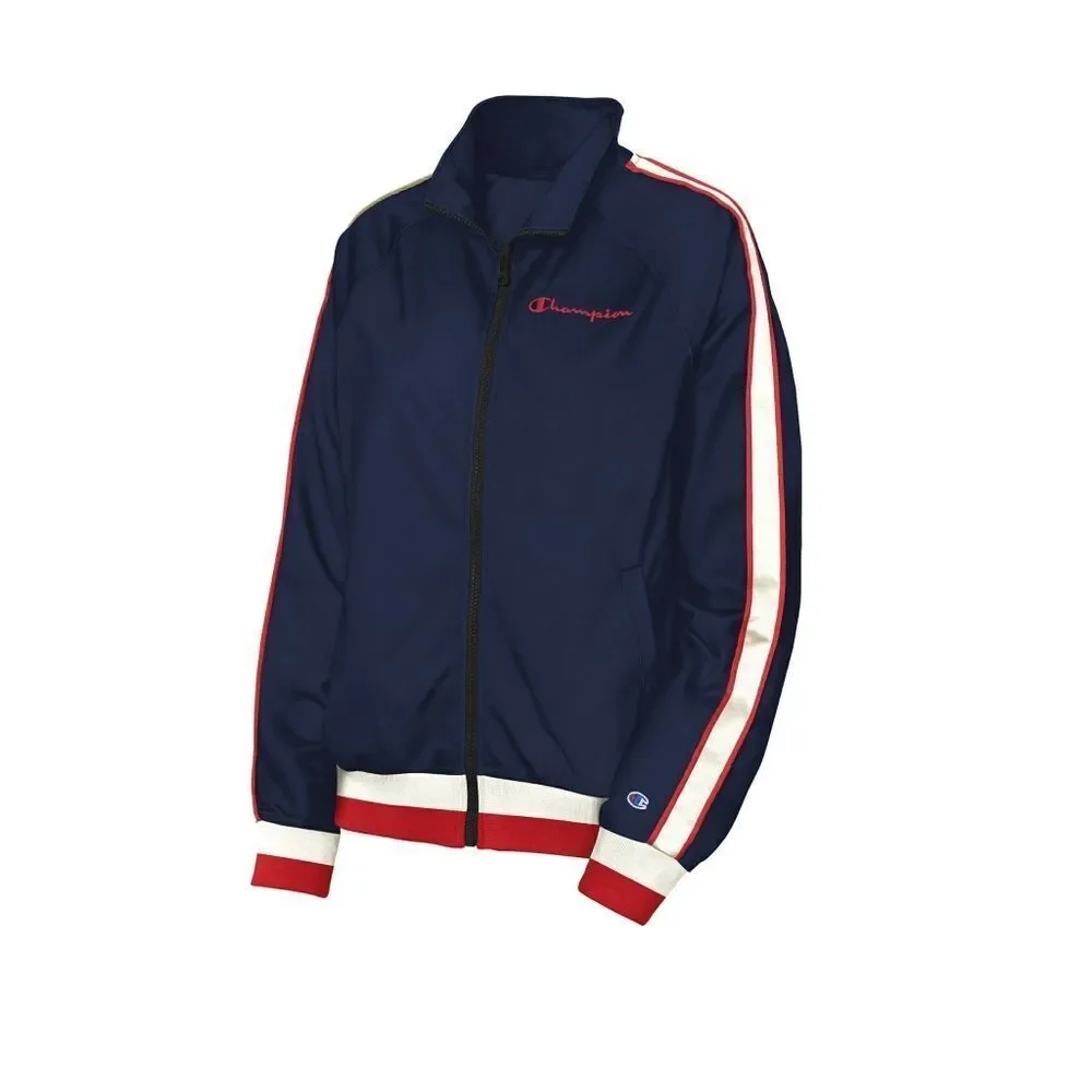 New! CHAMPION Logo Varsity Stripes Athletic Track Jacket Zip-front Blue Large